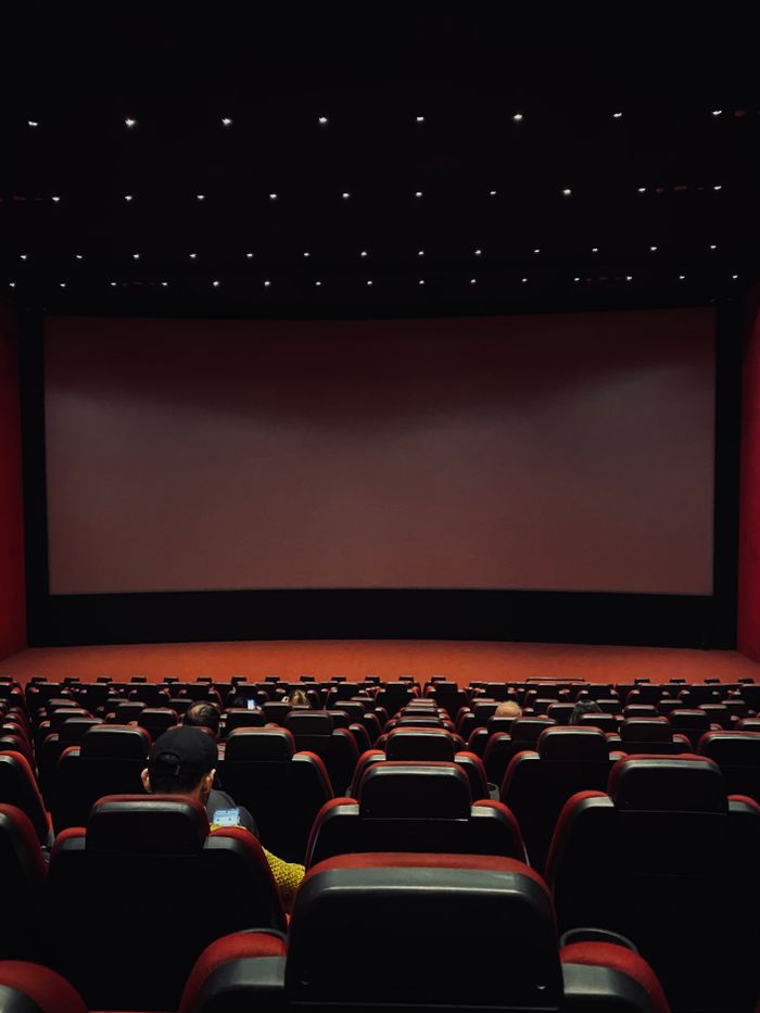 Dimly lit cinema hall with red seats and a blank screen. Minimal audience.